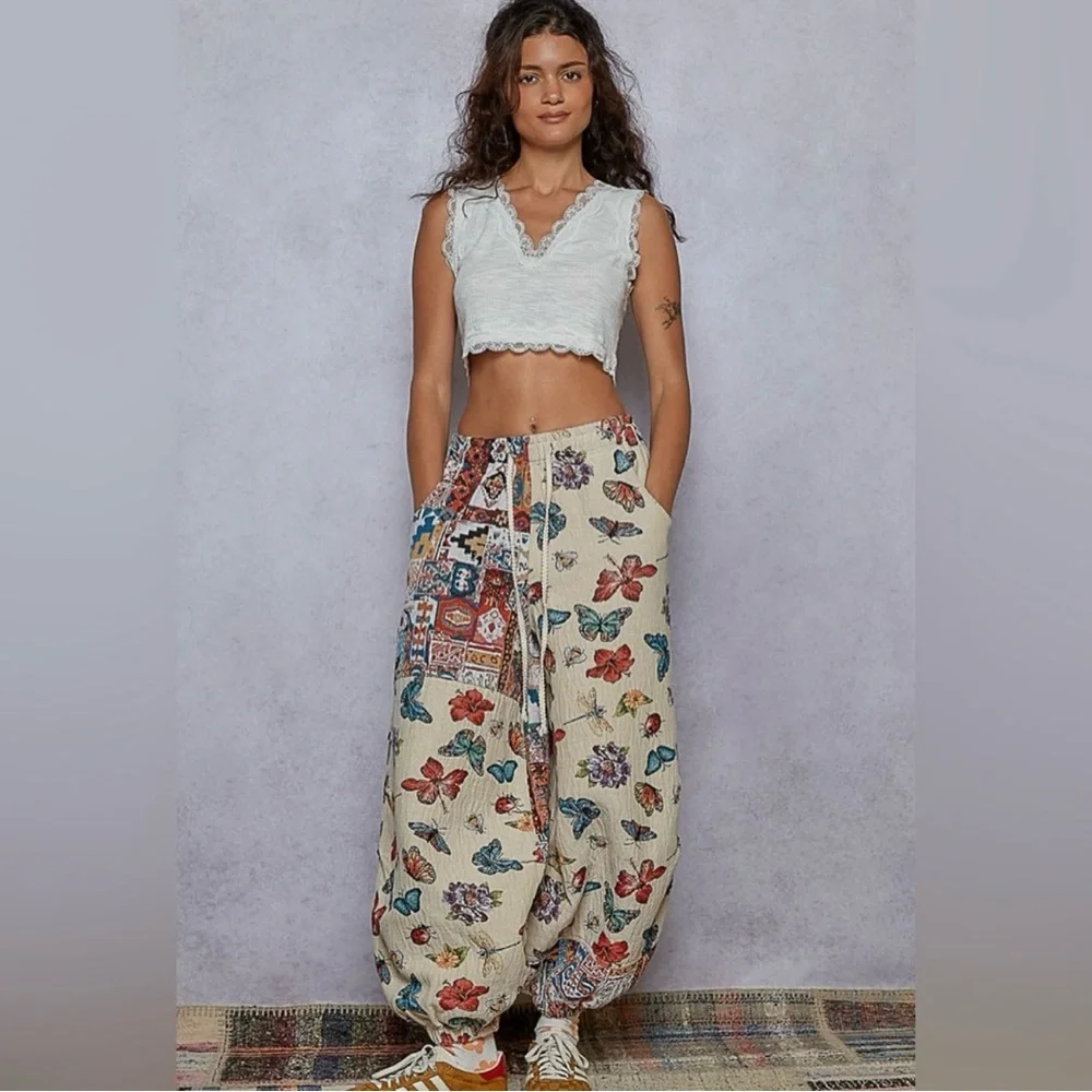 290 - POL Multicolor Butterfly and Floral Patchwork Joggers - Picture 3 of 6